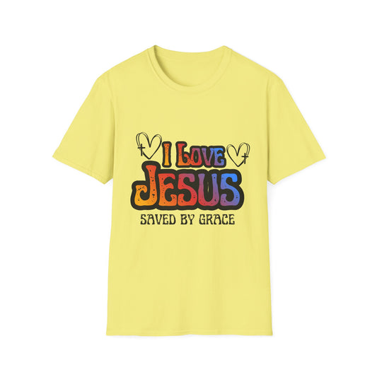 I Love Jesus Shirt, Saved By Grace Colorful Christian Tee