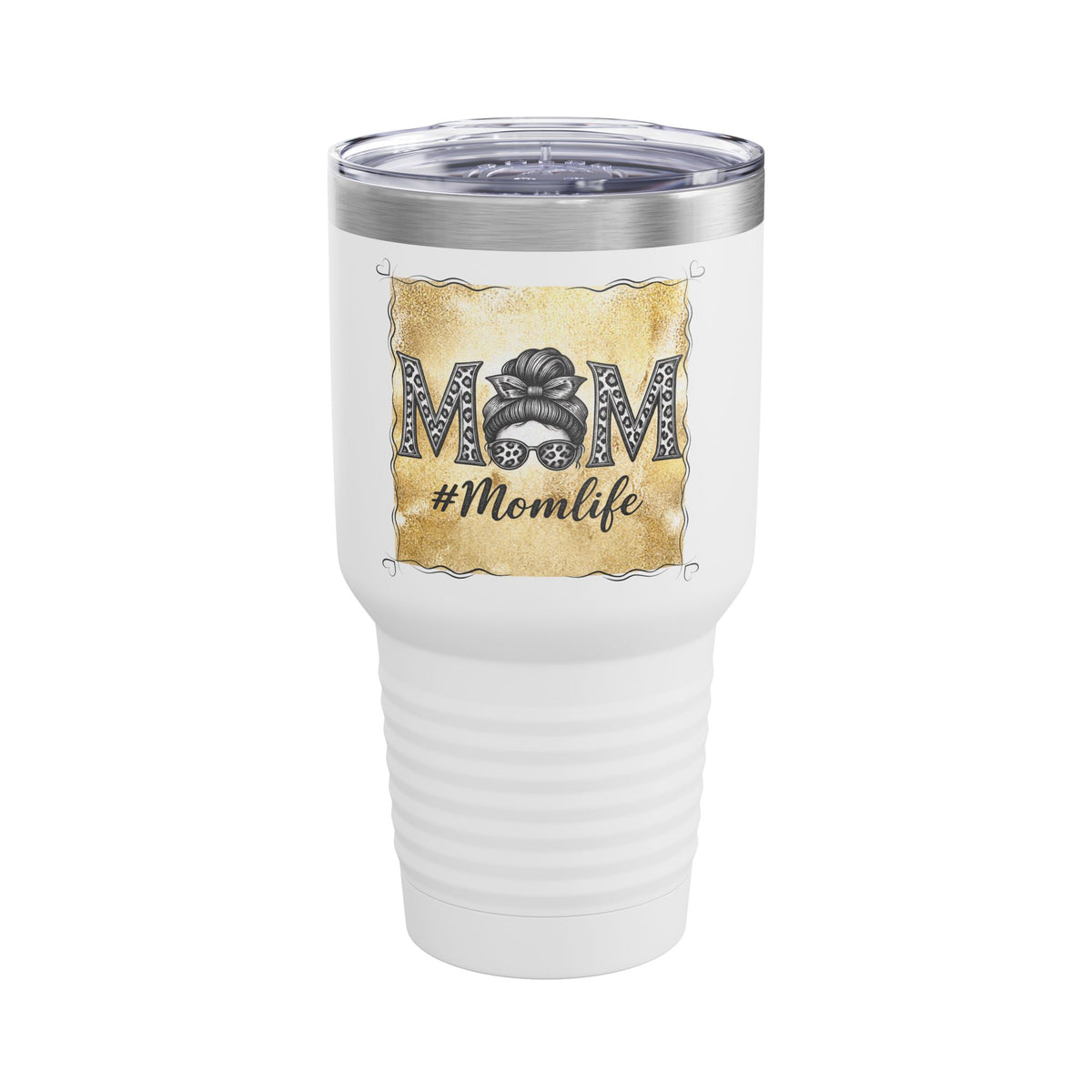 Mom Life Messy Bun 30oz Tumbler, Gold Leopard Mom Cup