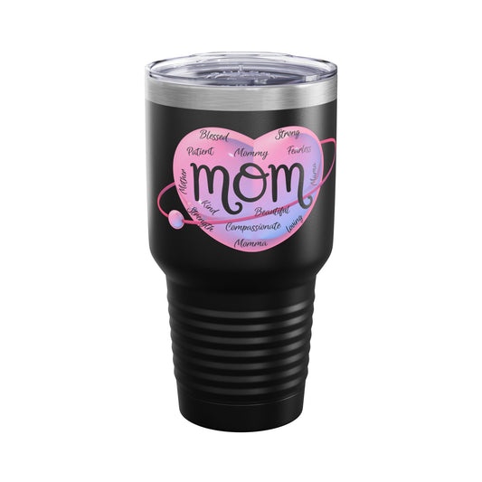 Mom Word Art Heart 30oz Tumbler, Pink Heart Mom Travel Cup, Great Gift for Mom